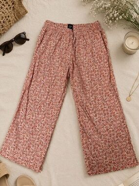Gap Floral Cropped Wide Leg Pants White Pink Drawstring Loungewear Sz M